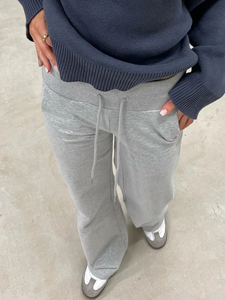 Gray Drawstring Waist Casual Sweatpants Women Solid Simple Basic Minimalist Fitness Joggers Straight Pants