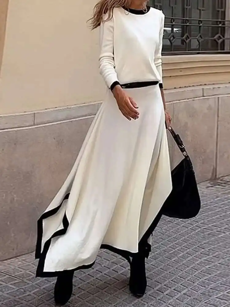 O Neck Casual Two Pieces Sets, Women Autumn Solid Patchwork Fashion Outfit, Long Sleeve Top Maxi Skirts Ladies Suits Streetwear