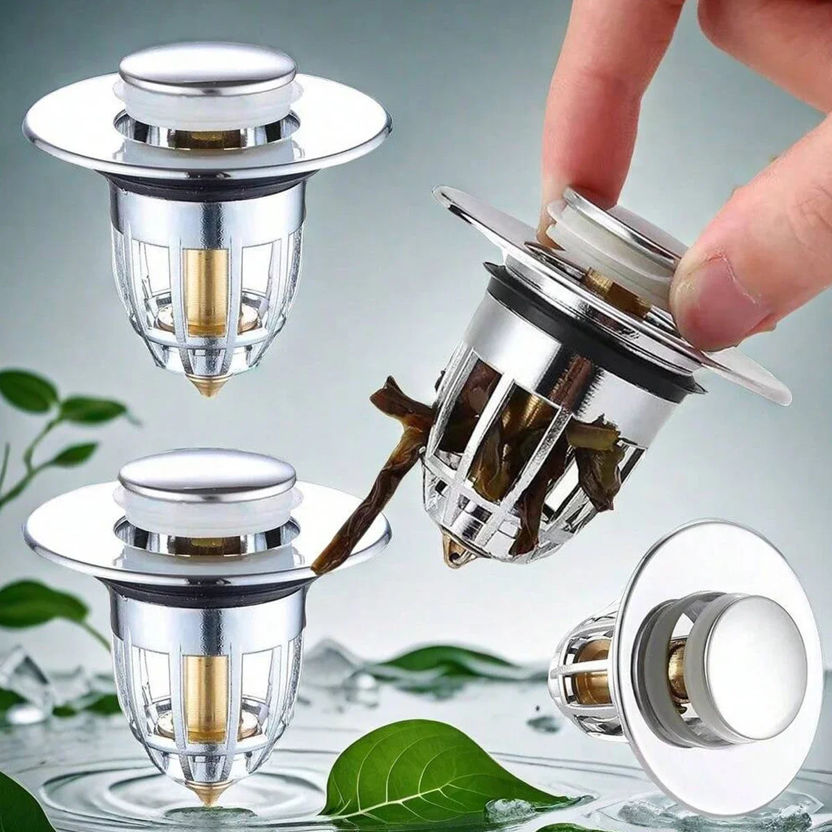 

1/2/5pcs Universal Rebound Drain Plug Filter Basin Pop-up Chrome Sink Filter with Hair Catcher Bathroom Sink Drain Stopper