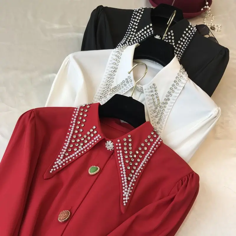 Elegant Women Rhinestone Chiffon Shirts Pearls Beaded Blouses Spring OL Blusas Diamonds Cardigan Long-Sleeved Crop Tops Blusas