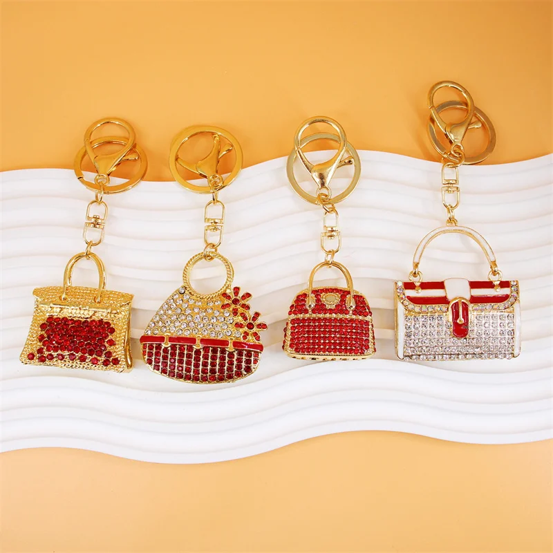 Creative Small Bag Shape Full Red Rhinestone Alloy Key Chain Exquisite Handbag Key Chain Car Pendant Gift