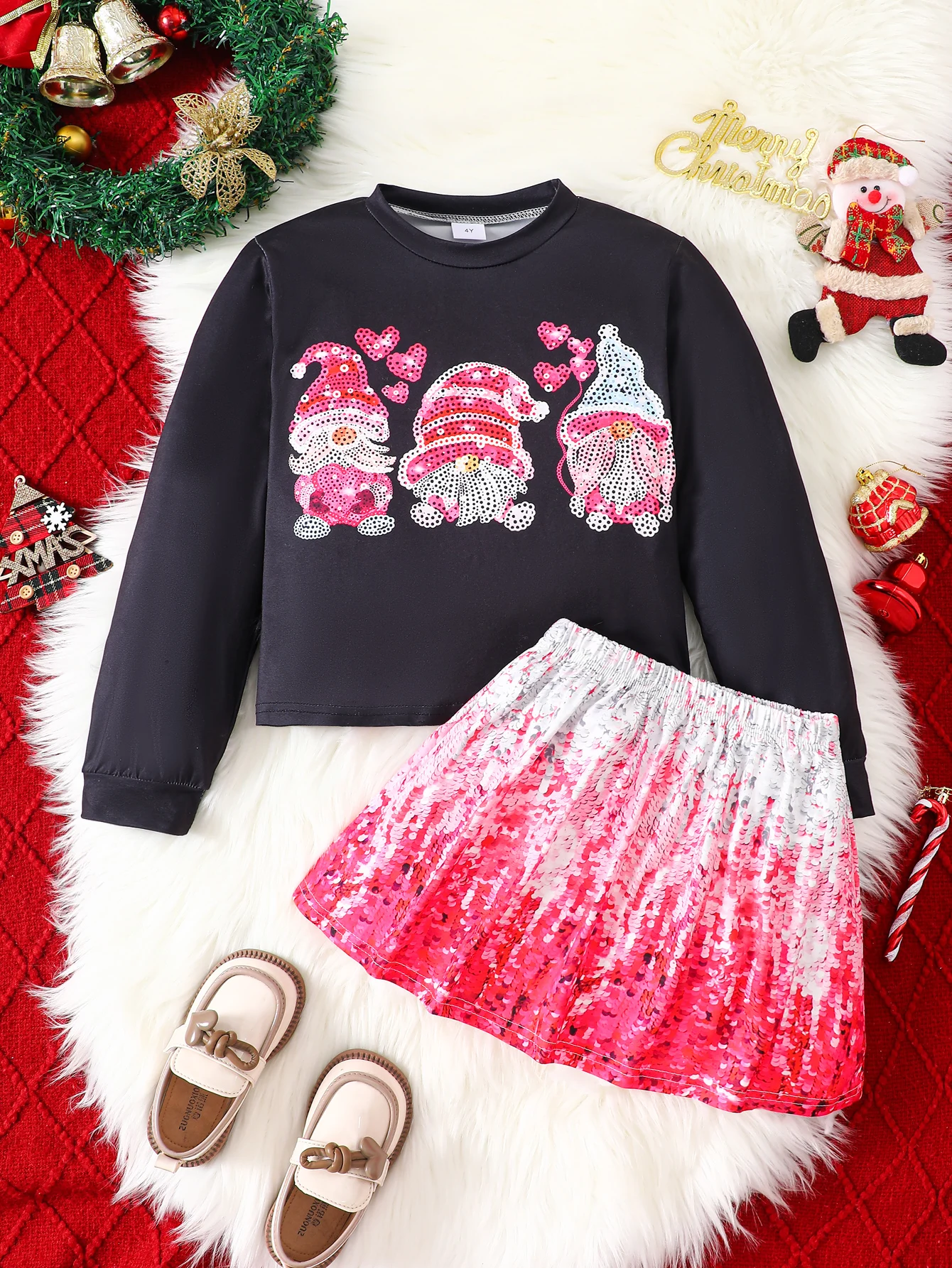 Conjuntos de camisas para niña otoño-invierno: conjuntos navideños, 2 piezas (sudadera con capucha + falda con estampado digital), 4-7 años, casual, uso diario.