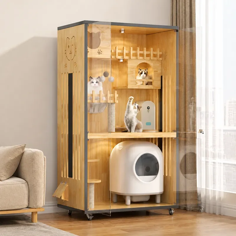 Large Wooden Cat House Double Layer Cage Indoor Nest Integrated Litter Box Wood Grain Pet Villa Furniture Enclosure