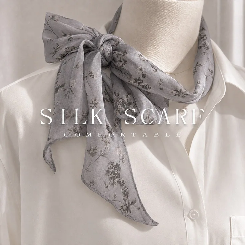 100% Mulberry Silk Scarf Soft Grey Floral Print Bow Neckerchief For Women Breathable Comfortable Hair Scarf Shawl Wrap Gift