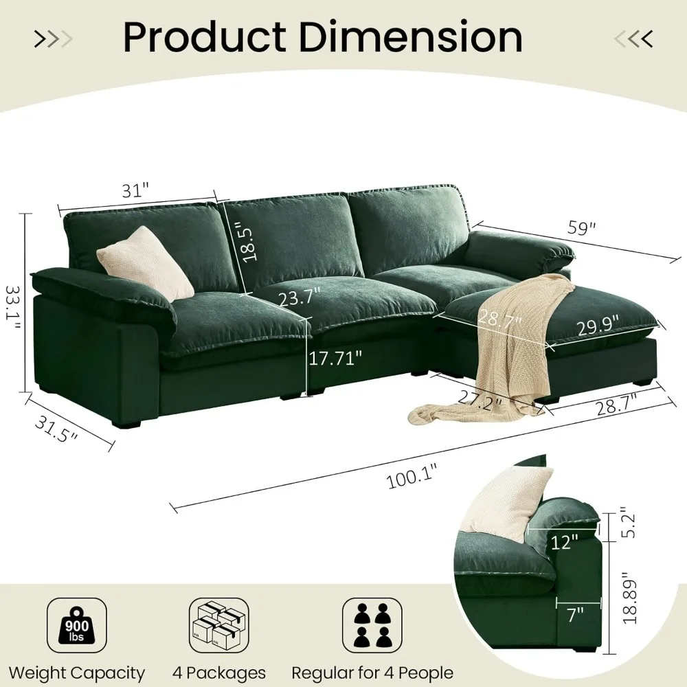 Modular Sectional Sofa Deep Seat Cloud Couch with Reversible Chaise L Shaped Couch with Padded Armrests Chenille Sectional