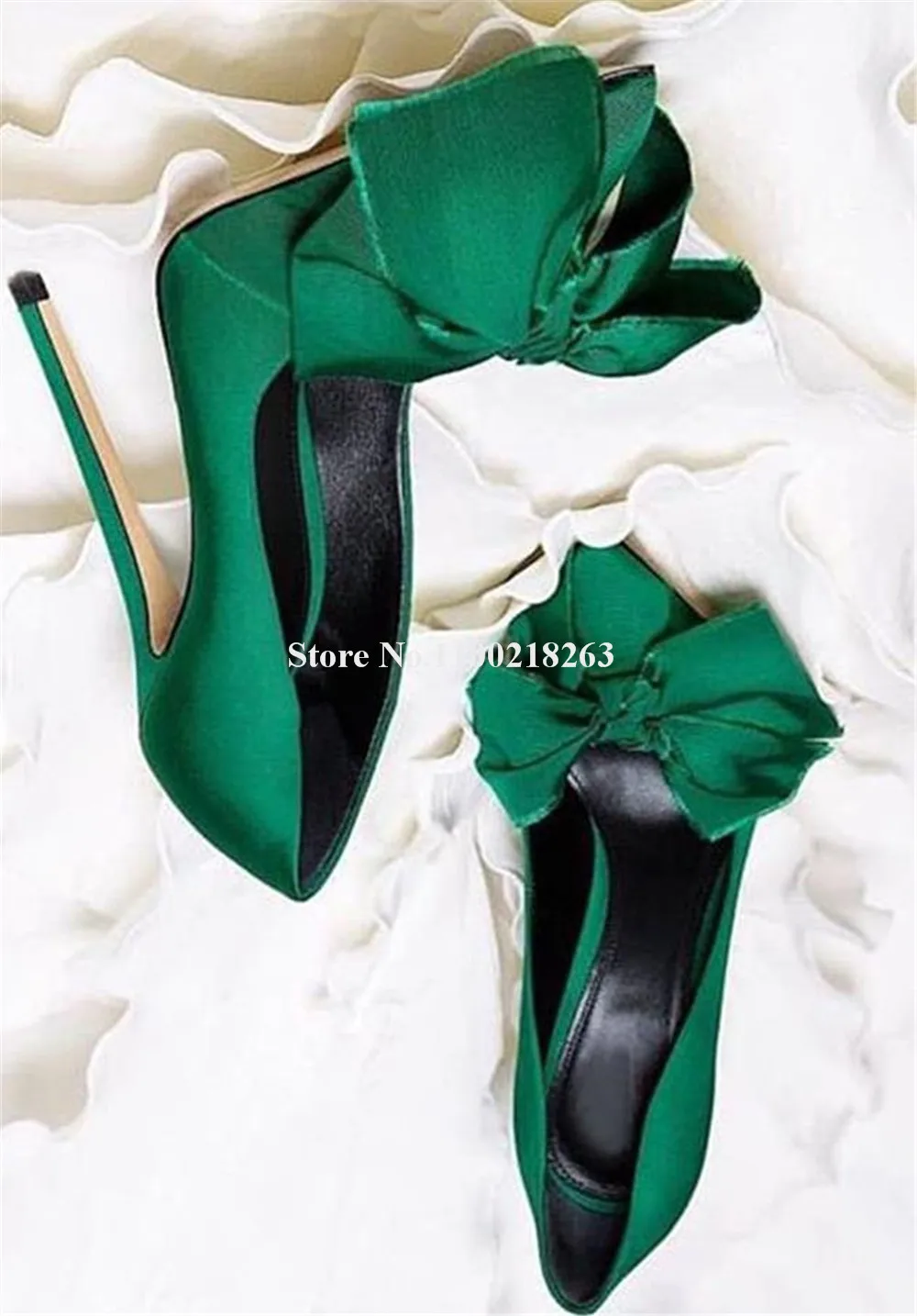 Newest Spring Green Satin Thin Heel Bowtie Pumps Women Pointed Toe Butterfly Decorated Stiletto Heel Slip-on High Heels Big Size