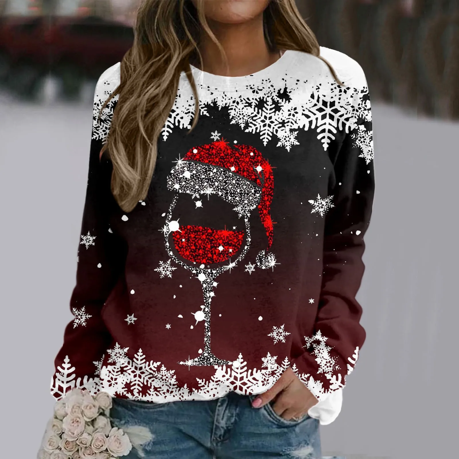 Sweat-shirt imprimé joyeux Noël flocon de neige en verre pour femme, coupe adt, manches longues, col rond, pull sans capuche, PVD décontracté