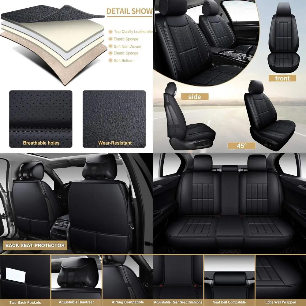 

Leather Car Seat Covers for Cars SUV Pick-up Truck, Universal Full Set Black