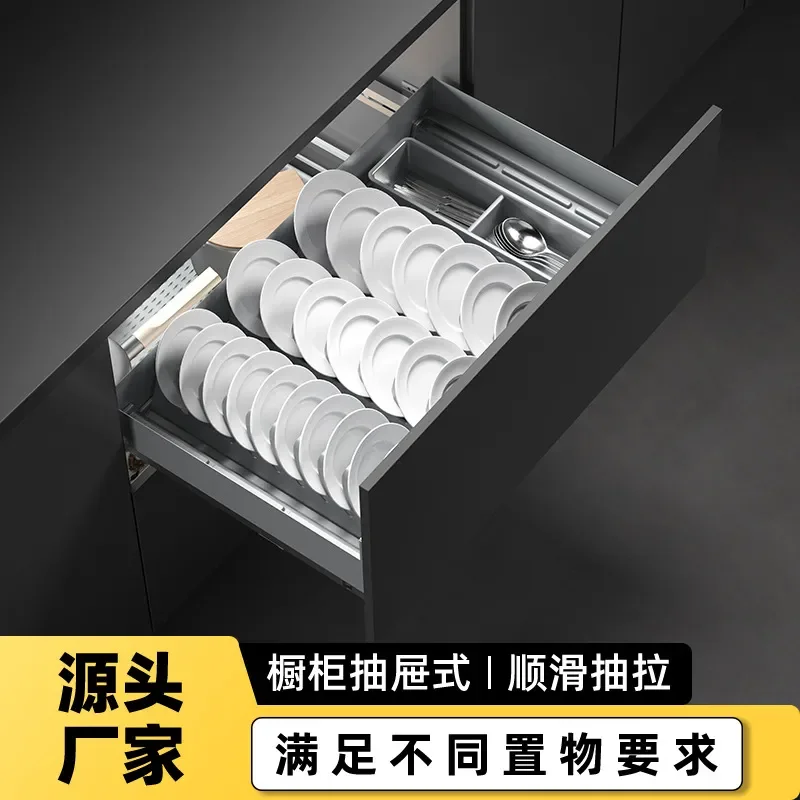 304 Stainless Steel Kitchen Cabinet Double Drawer Dish Rack Built In Bowl Storage Basket Organizer For Modern Home Cooking