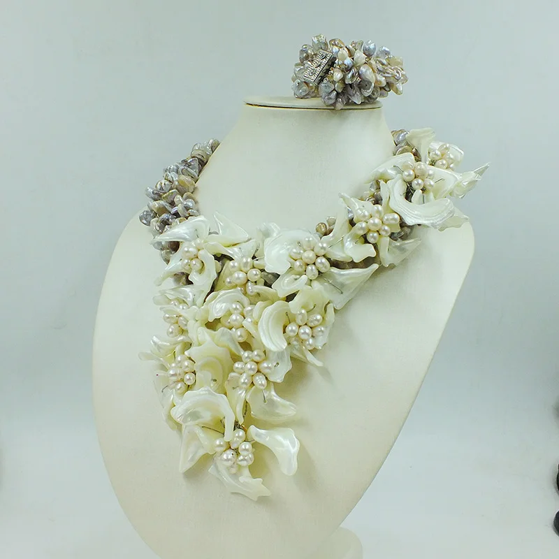 WWZ-102#   Excellent!  deep sea Shell pearl  Flower Necklace 18\