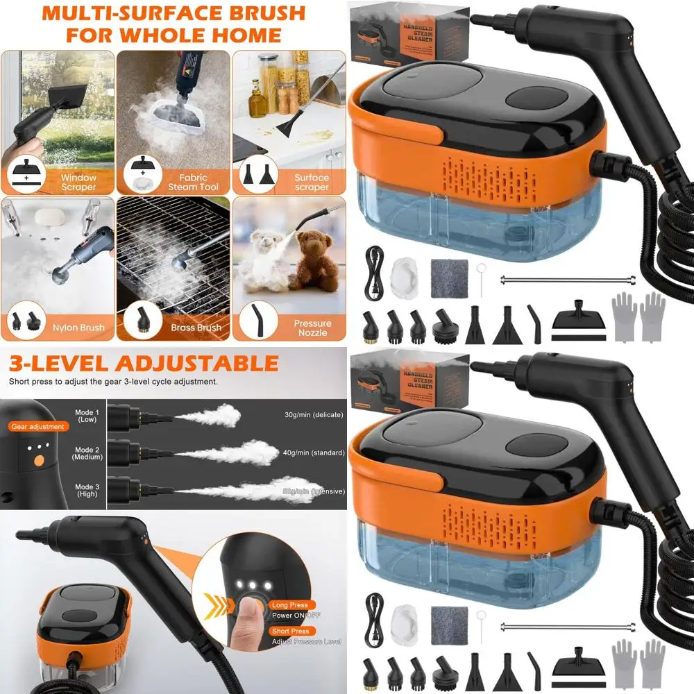 

Портативный ручной отпариватель для дома и автомобиля — 3 уровня регулировки, быстрый нагрев, большая емкость, 16 насадок для глубокой очистки