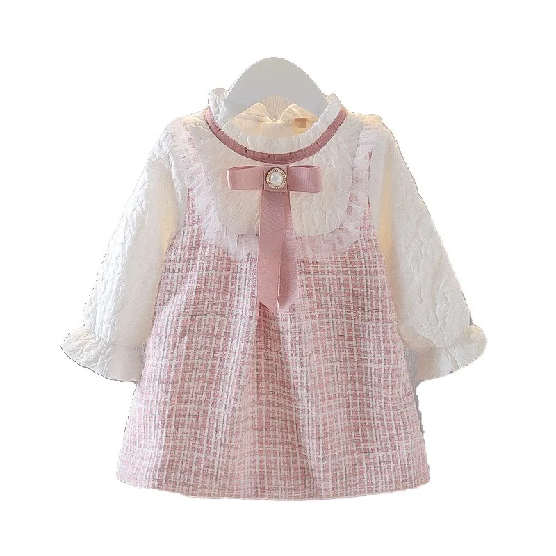 Cute Blue Dress Child New Design Casual Plaid Skirt 0-3Years Old Baby Spring Autumn Wear Pink Long-sleeved Skirt For Girls