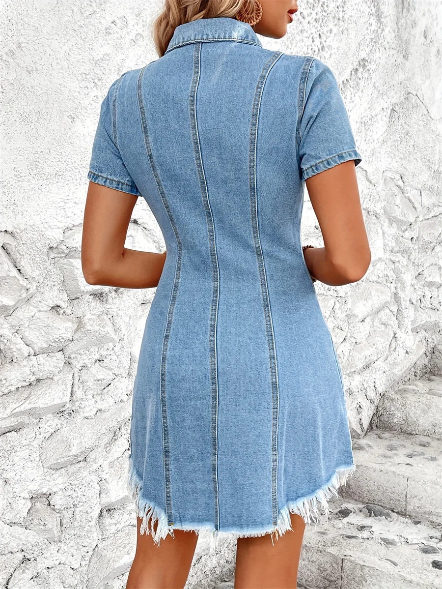 Benuynffy Single Breasted Frayed Hem Denim Shirt Dress Women's New Retro Summer Short-sleeved Female Jean Mini Dresses