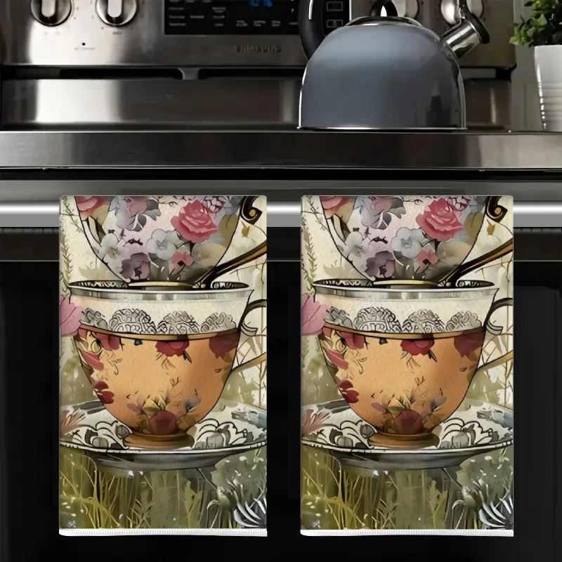 2Pcs, Vintage Floral Kitchen Towels, 40Cm*60Cm Towel Set, Best Kitchen Towels, Super Absorbent Soft Cleaning Cloth, Cooking and Baking Tea Towel, Hand Towel, Cleaning Cloth, Dishcloth, Kitchen Decoration, Living Room Decorations, Kitchen Essentials, Home Essentials