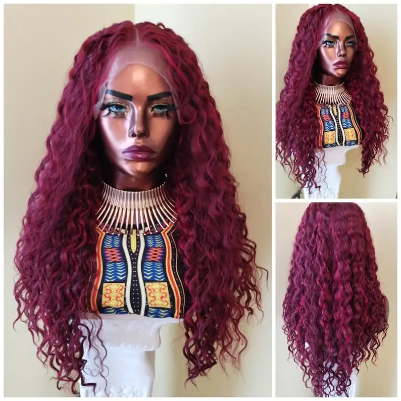 Parrucca anteriore in pizzo rosso bordeaux 99J 13x4 HD parrucca frontale allentata onda profonda parrucca riccia onda d'acqua senza colla pre pizzicata cosplay sintetico