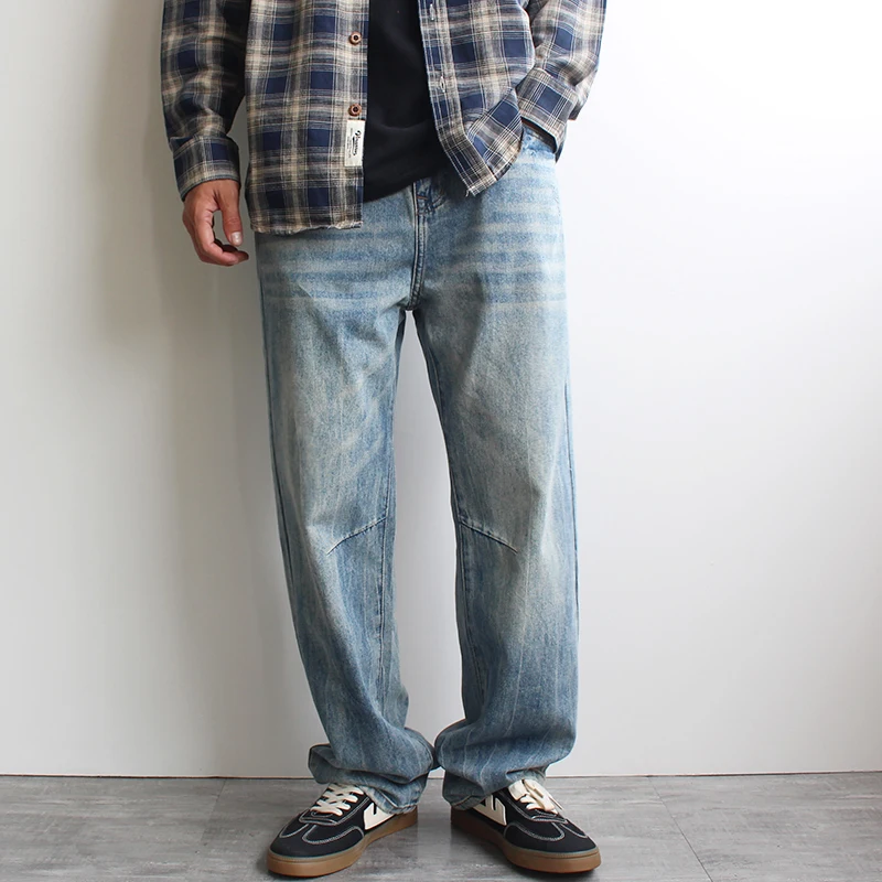 Stonewashed Hellblaue Denim-Jeans für Herren für Frühling und Herbst, lockere, gerade Beinhose, große Größe, trendige, lässige, vielseitige Hose