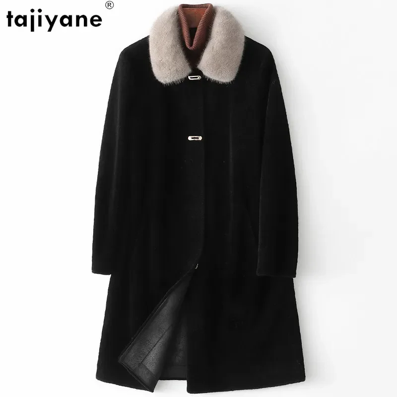 Tajeyane-Chaqueta de lana de oveja para mujer, abrigo largo de piel de visón con cuello, alta calidad, otoño e invierno, 100%, 2023