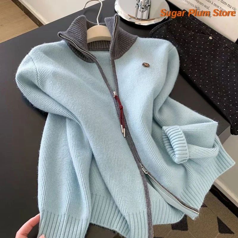 Korean Minimalist High-grade Lazy Lapel Sweater Double Zipper Knit Cardigan Female Soft Waxy Dating Dinner Joker Sweater Coat