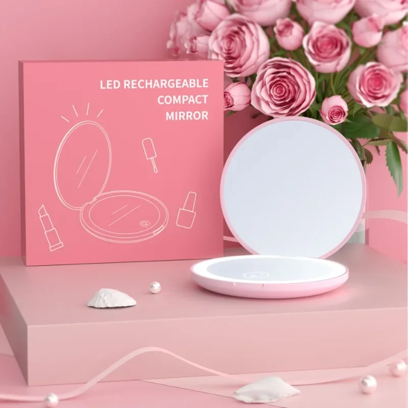 Mini Miroir de Maquillage de Poche Pliable, Portable, avec Lumière LED, Rond, Compact, Grossissant 10X, Rose, Noir, Vanité