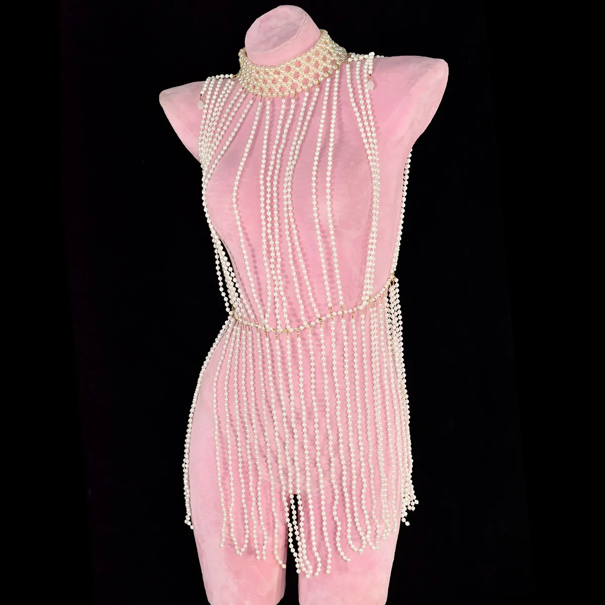 فستان كلاسيكي طويل مزين باللؤلؤ الصناعي أنيق مصنوع يدويًا من نسيج الخرز إكسسوارات عرض مسرحي سلسلة جسم الحفلات #6