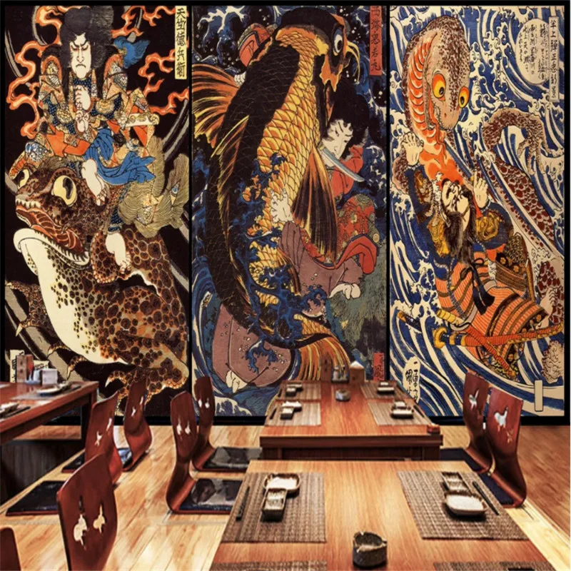 Retro Japanese Ukiyo-e Monster 3D Photo Wall Paper Sushi Restaurant Industrial Decor Background Mural Wallpaper 3D Wall Covering