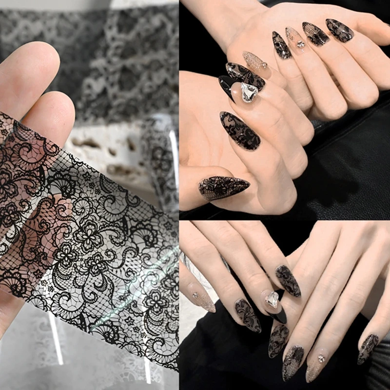 10 rouleaux de feuilles pour ongles en dentelle Sexy, 2.5x50cm, papier de transfert noir et blanc, autocollants pour Nail Art, rayures en dentelle, décalcomanies de manucure, décorations pour ongles