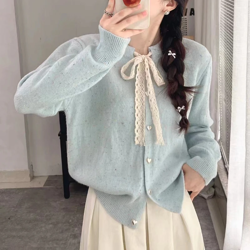 

Korean Knitted Cardigan Sweater Women's Autumn and Winter Lace Up O-neck Coat Sweet Long Sleeve Slim Solid Color Thick Top
