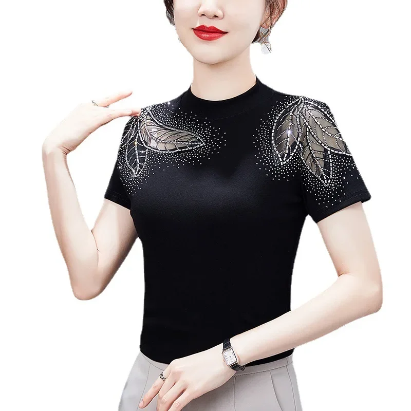 Elegant Slim Hot Drilling Hollow Out Black Mesh Tops Blusas New 2025 Summer Short Sleeved O-Neck Women's T-Shirt