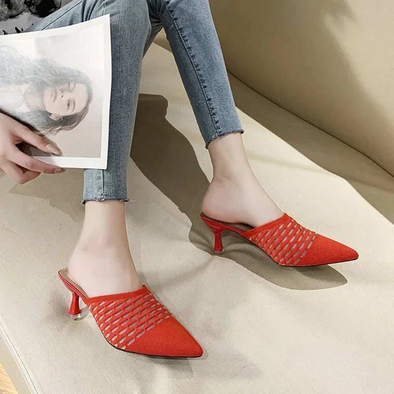 Miaoguan Knit Women Shoes Pointed Woven High Heels Fashion Women Heels Stilettos Mules Loafer Casual Feminine Sandalias Shoes