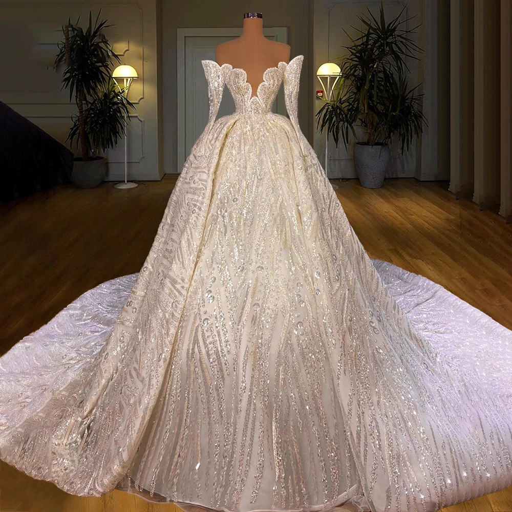 

Tulle Vintage Arabian Bridal Wedding Dress Sweetheart Sequin Bridal Dress Sexy Ladies V Neck Long Sleeve Elegant Seaside Wedding