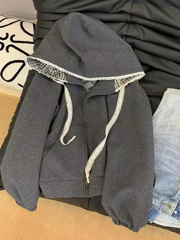 

Ретро кружевные лоскутные толстовки женские с длинным рукавом высокого качества серые толстовки повседневные корейские женские милые простые топы весна