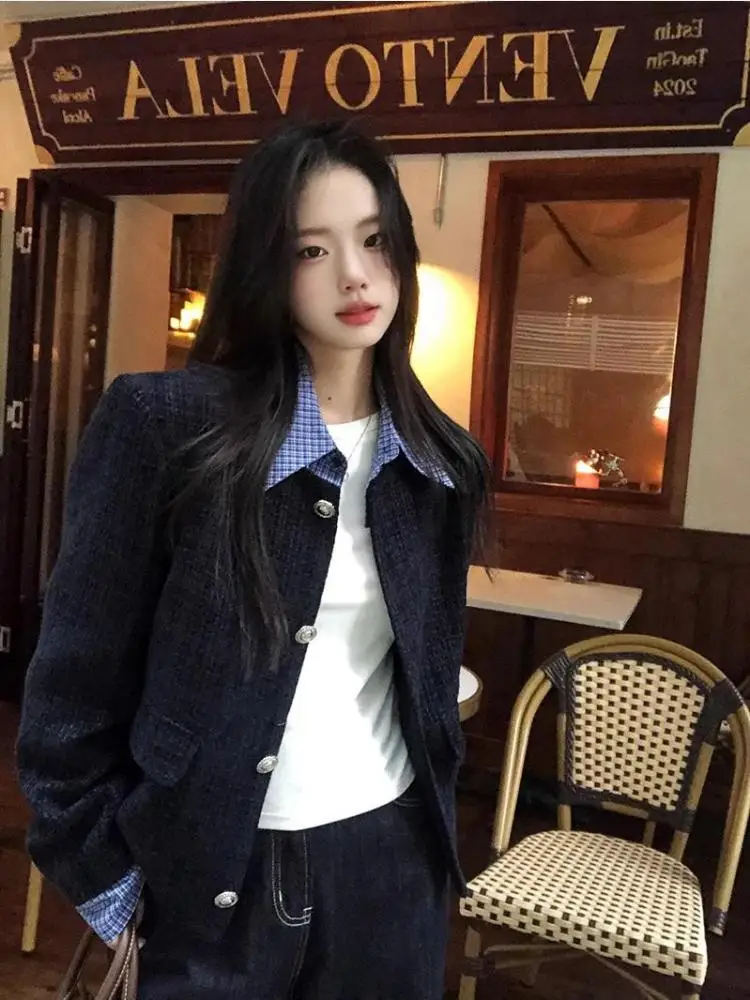 

French Women 2024 New Blue Patchwork Checkered Elegant Short Coat Autumn Winter Long Sleeves Single Breasted Loose Jacket Tops