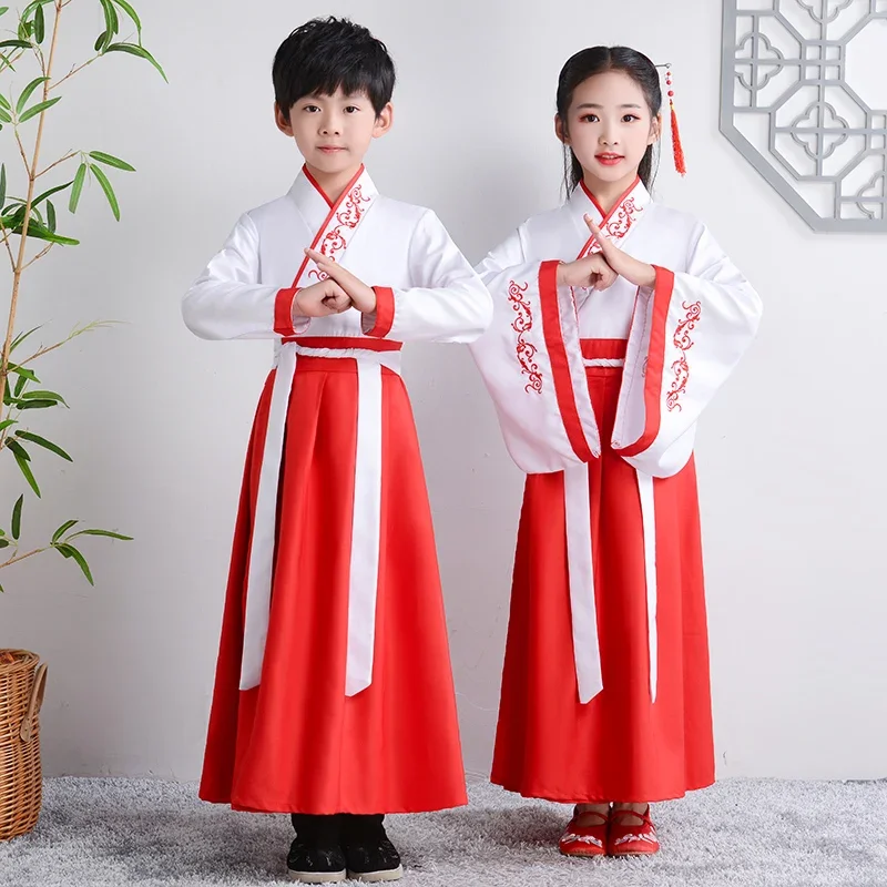 Hanfu traditionnel chinois pour garçons et filles, vêtements d'école, style prairie, performance pour enfants, étudiants, rouge, moderne