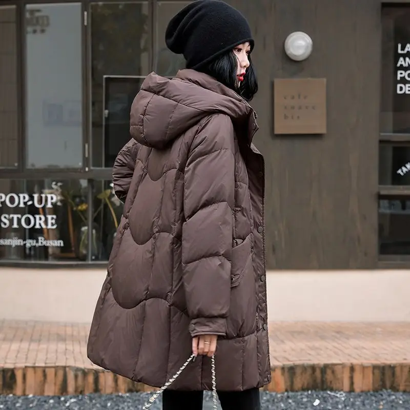 Piumino invernale da donna nuovo, ampio, antivento, con cappuccio, piumino d'anatra oversize