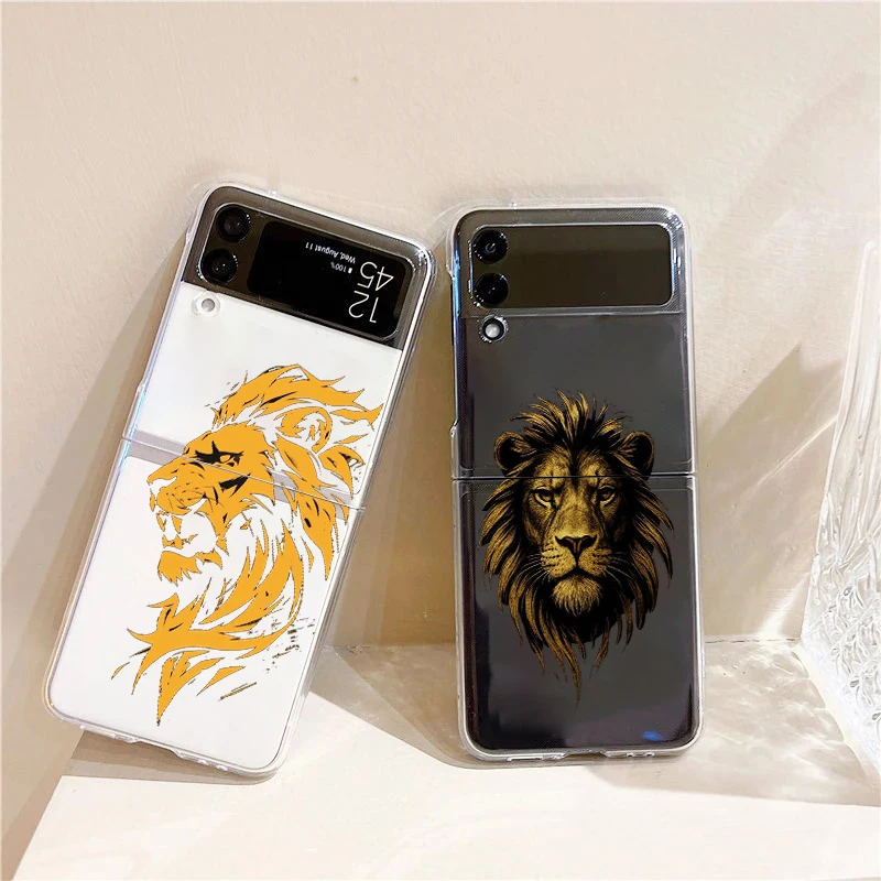Concise Lion Pattern Fashion Phone Case For Samsung Galaxy Z Flip 3 4 5 6 7 Hard Folding Z Flip4 Clear PC Cover Protector Gift