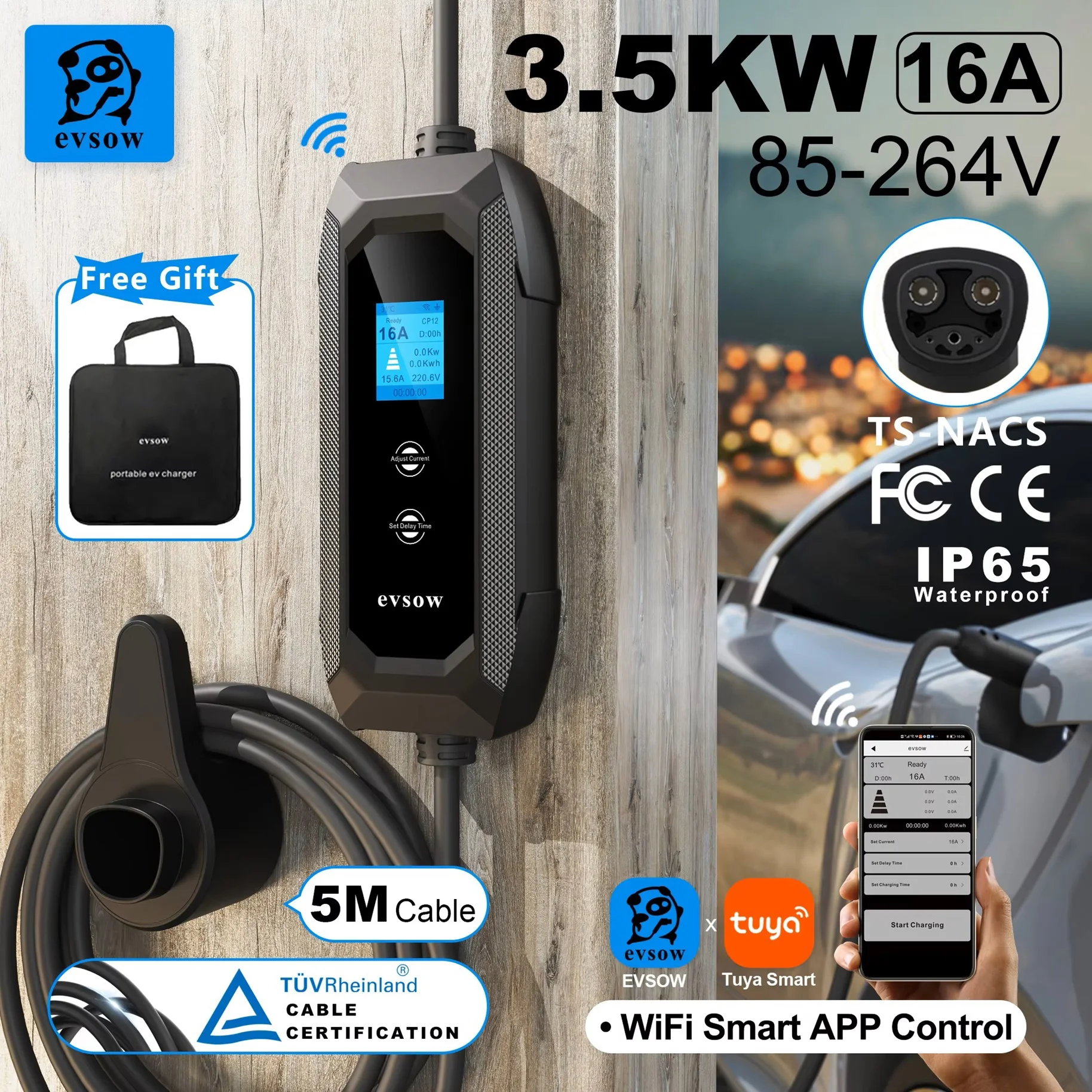 

evsow For Tesla EV Charger With WIFI APP Control 3.5KW 16A 1P Portable Electric Car Charger Adjustable Current&Set Charging Time