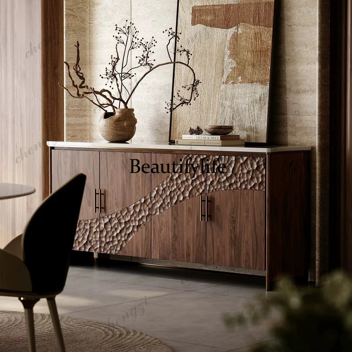 North American black walnut art carving cabinet New medieval design sense Solid wood carving dining side cabinet
