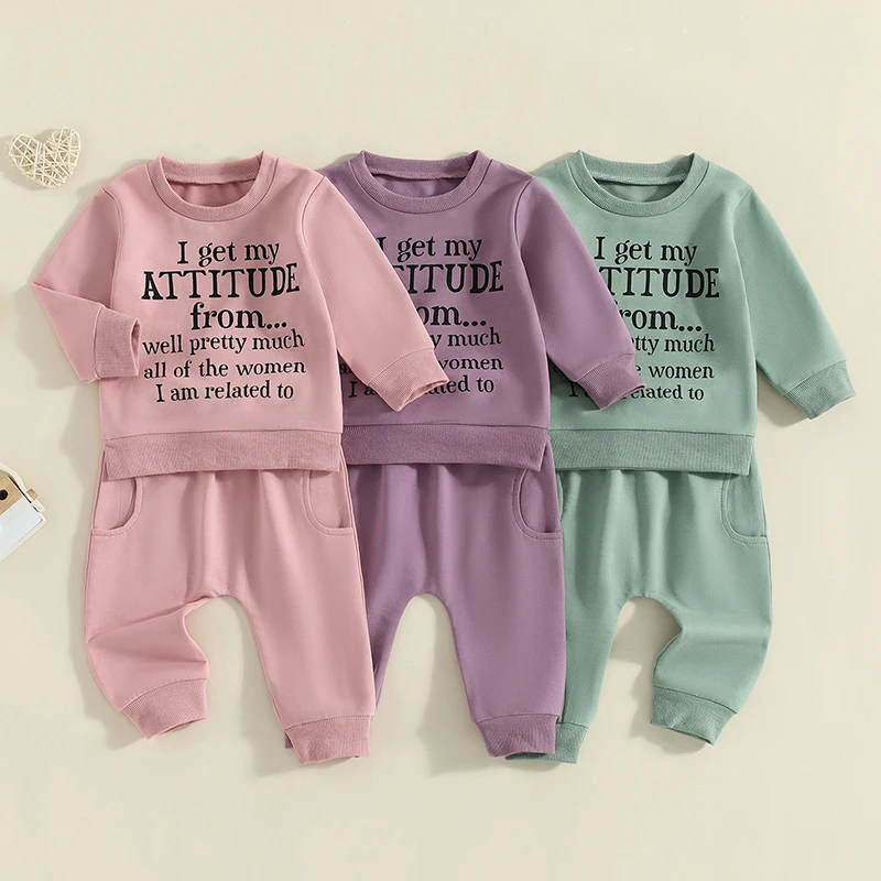 

2024-05-21 Lioraitiin 0-3Y Baby Pants Set, Letters Print Long Sleeve Crew Neck Sweatshirt with Elastic Waist Sweatpants Outfit