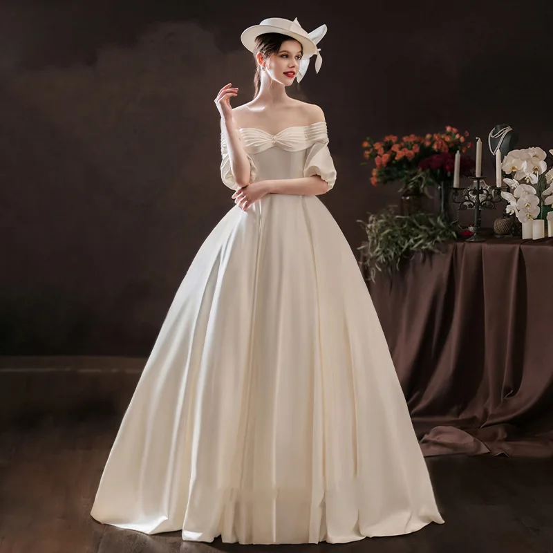 Abiti da sposa con maniche a sbuffo in raso a cuore di lusso con spalle scoperte abito formale a-line eleganti abiti da festa Illusion