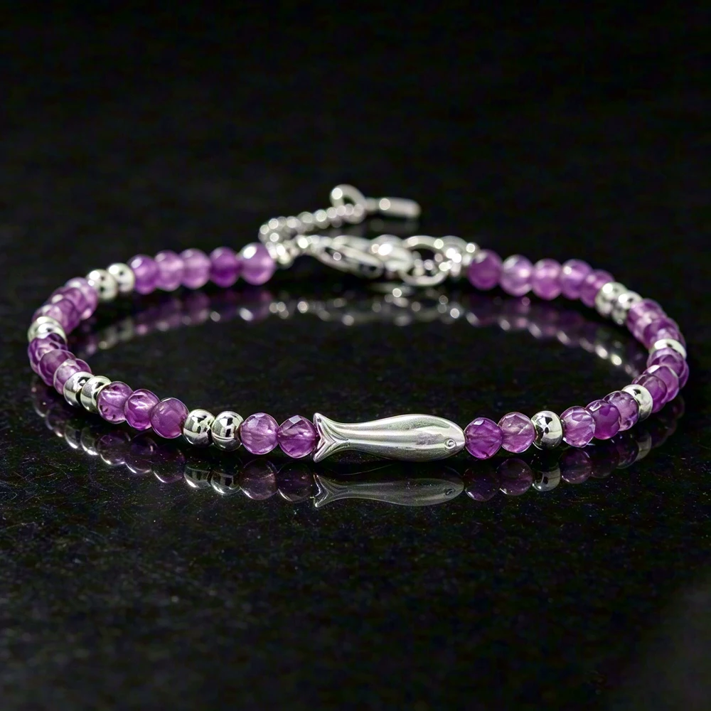 Edelstahl-Fischketten-Armband, verstellbar, mit Naturstein-Amethyst-Miniperlen, Armbänder für Damen und Mädchen, niedlicher Handschmuck