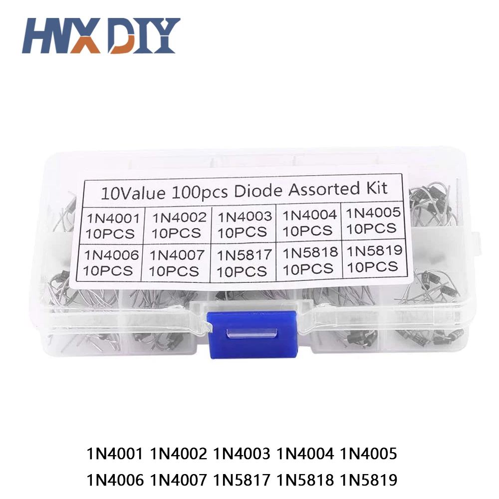 100Pcs 10 Values Rectifier Diode Assorted Diy Kit 1N4001 1N4002 1N4003 1N4004 1N4005 1N4006 1N4007 1N5817 1N5818 1N5819 With Box