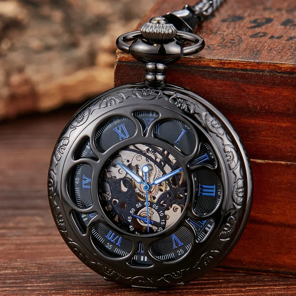 ساعة جيب ميكانيكية بهيكل عظمي Steampunk، هيكل فضي منقوش، أرقام رومانية فاخرة بسلسلة فوب للرجال
