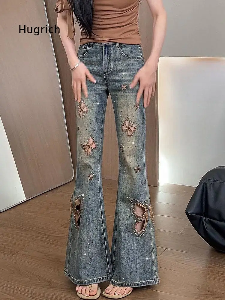 Ladies Vintage Washed Flare Denim Pants High Waist Butterfly Hollow Out Design With Rhinestone Embellishment For Street Style