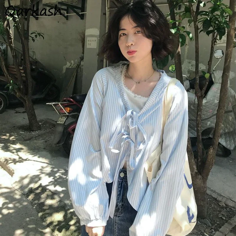 

Striped Shirts for Women V-neck Bow Long Sleeve Design Young Daily All-match Spring Chemise Femme Ulzzang Preppy Casual Stylish