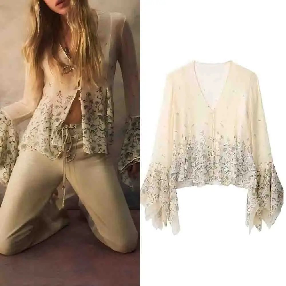 

Women's new fashion slim single breasted V-neck printed shirt retro trumpet long sleeved women's shirt chic top