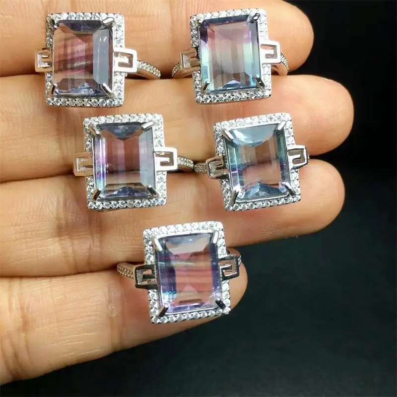 

Natural Color Fluorite Faceted Rings Trendy Creative Finger Fashion Gemstone Jewelry For Women Healing Party Gift 1PCS