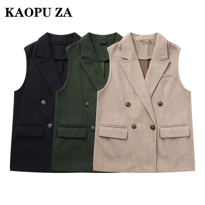 KAOPU ZA 2024 Autumn New Woman's Casual Sleeveless Gilet Coat Female Vintage Turn-down Collar Double-breasted Waistcoat Jacket T