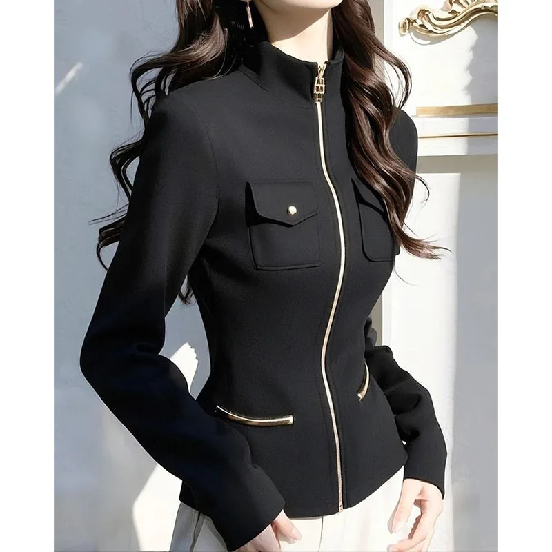 Black tand Collar Long Sleeve Hoodie Sweatshirts For Women 2025 Spring Autumn Korean Casual Slim Zipper Jacket Wild Short Coat