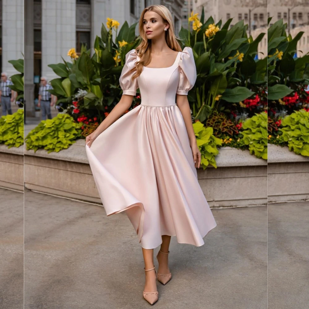 

Customized Jersey Pleat Clubbing A-line Square Neck Bespoke Occasion Gown Midi Dresses