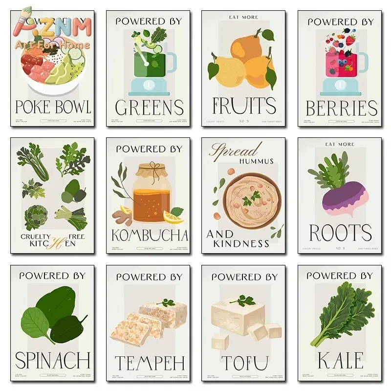 Healthy Vegan Food Canvas Wall Art Fruit Vegetable Tofu Smoothie Poster Unframed Canvas Painting for Kitchen Dining Room Home
